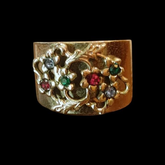 Vtg Sarah Coventry 1977 Coronet Adjustable Floral Ring Multicolor Rhinestones - Picture 1 of 8